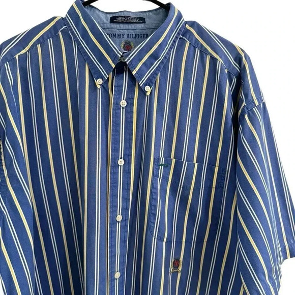 Vintage Tommy Hilfiger Button Up Shirt Size XL Blue Yellow Stripes Logo Casual - Picture 2 of 9
